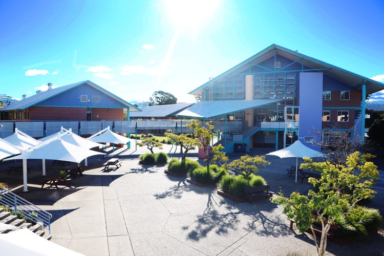 Photo of the college campus on a sunny day. Buildings in the background and gardens with trees and shade umbrellas in the foreground