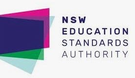 NSW Education Standards Authority logo with pink, green and blue squared overlapping each other